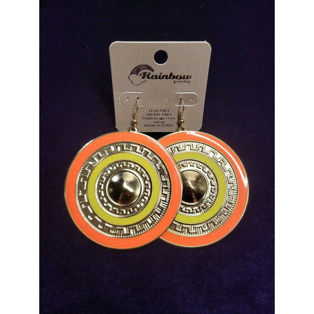 Rainbow Brand BOHO Style Earrings, Very Large, Gold Tone, Orange & Yellow, NWT
